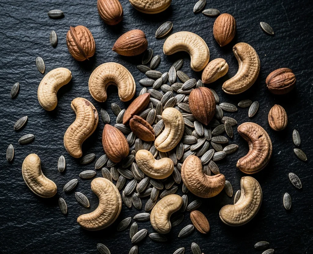 Assorted raw nuts and seeds on dark surface