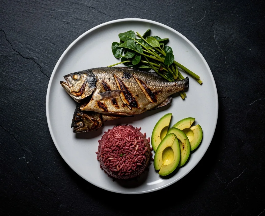 Balanced meal plate with protein, vegetables, and rice