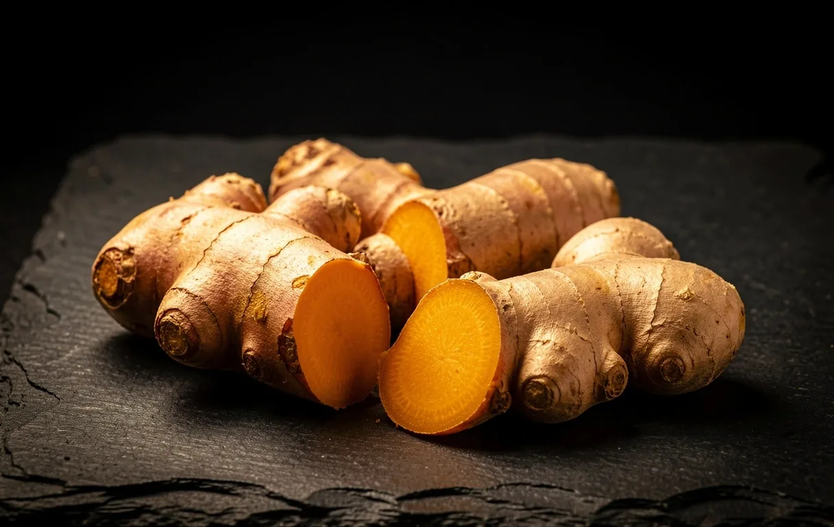 Fresh turmeric and ginger roots on dark stone surface