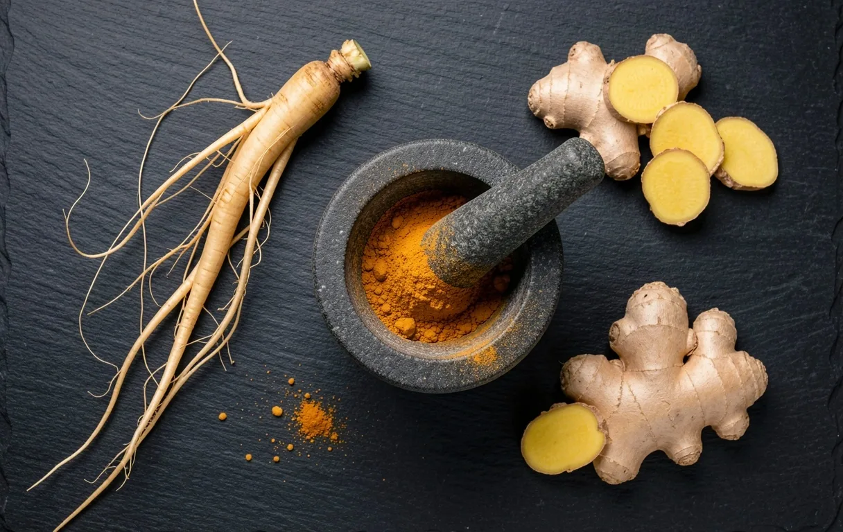 Indonesian botanical ingredients arranged on dark surface