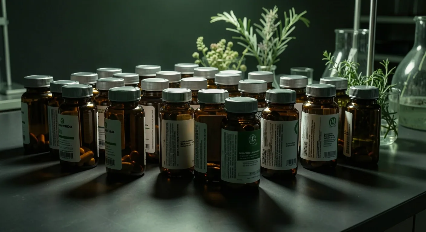 Amber glass supplement bottles in laboratory conditions