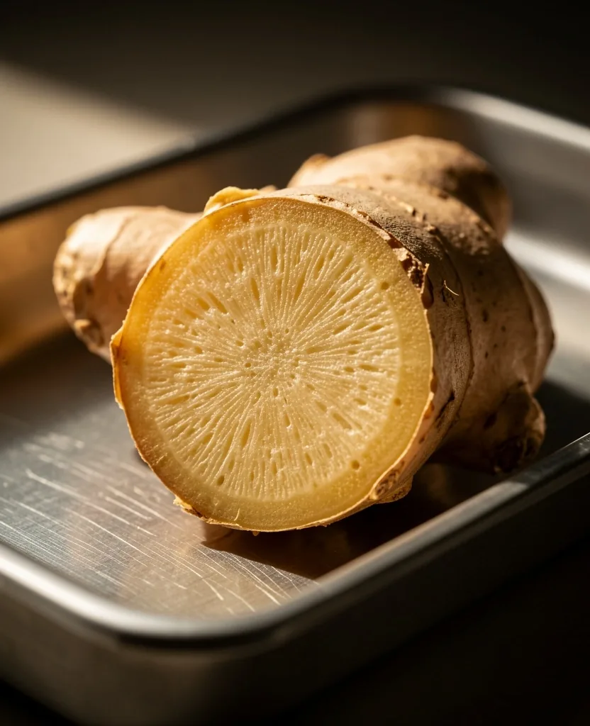 Ginger root cross-section on a laboratory tray