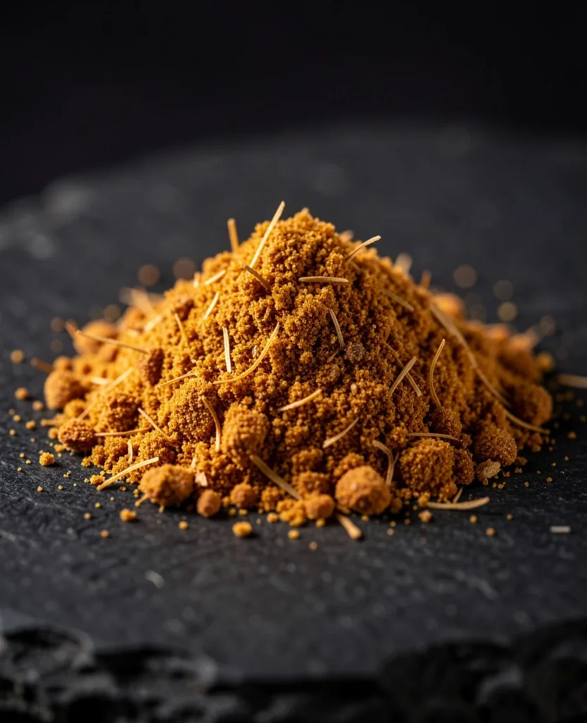 Macro photo of dried ginger powder on a dark surface